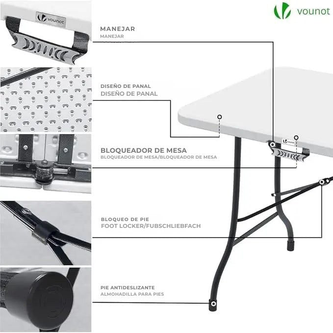 Conjunto de mesa plegable y 2 bancos blancos 180 x 75 x 72 cm